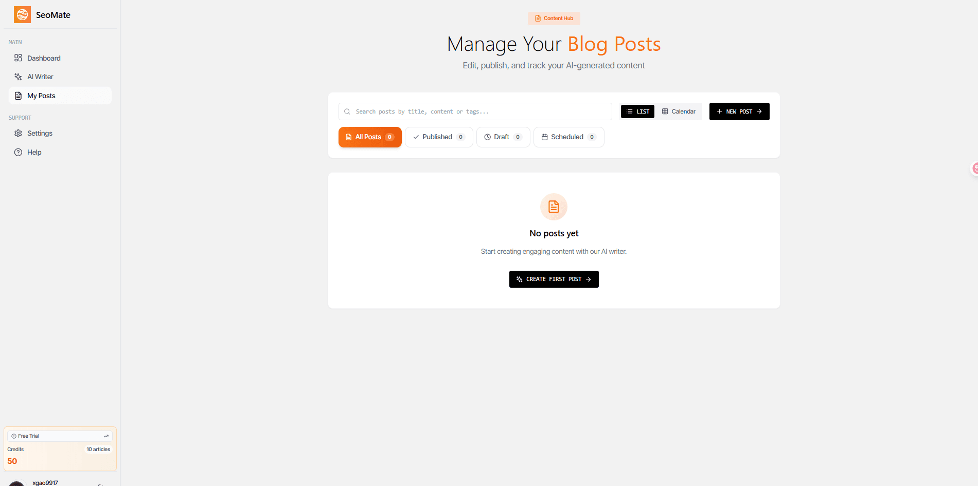 My Posts section showing content management interface