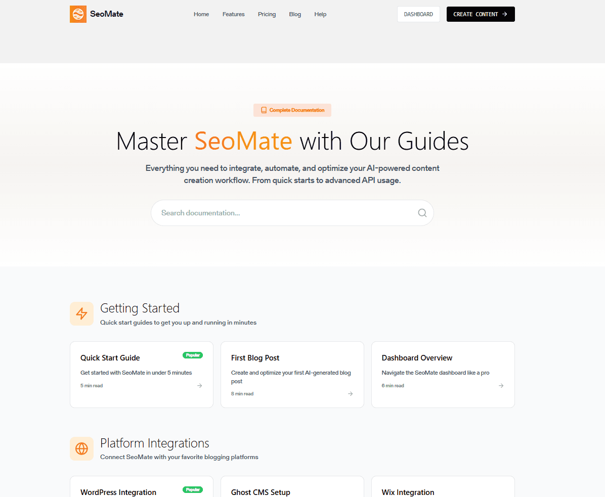 Help section with documentation and support resources