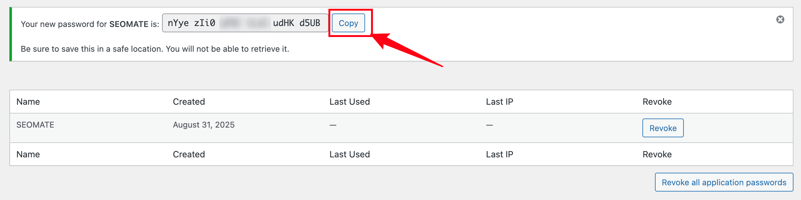 Generated password display